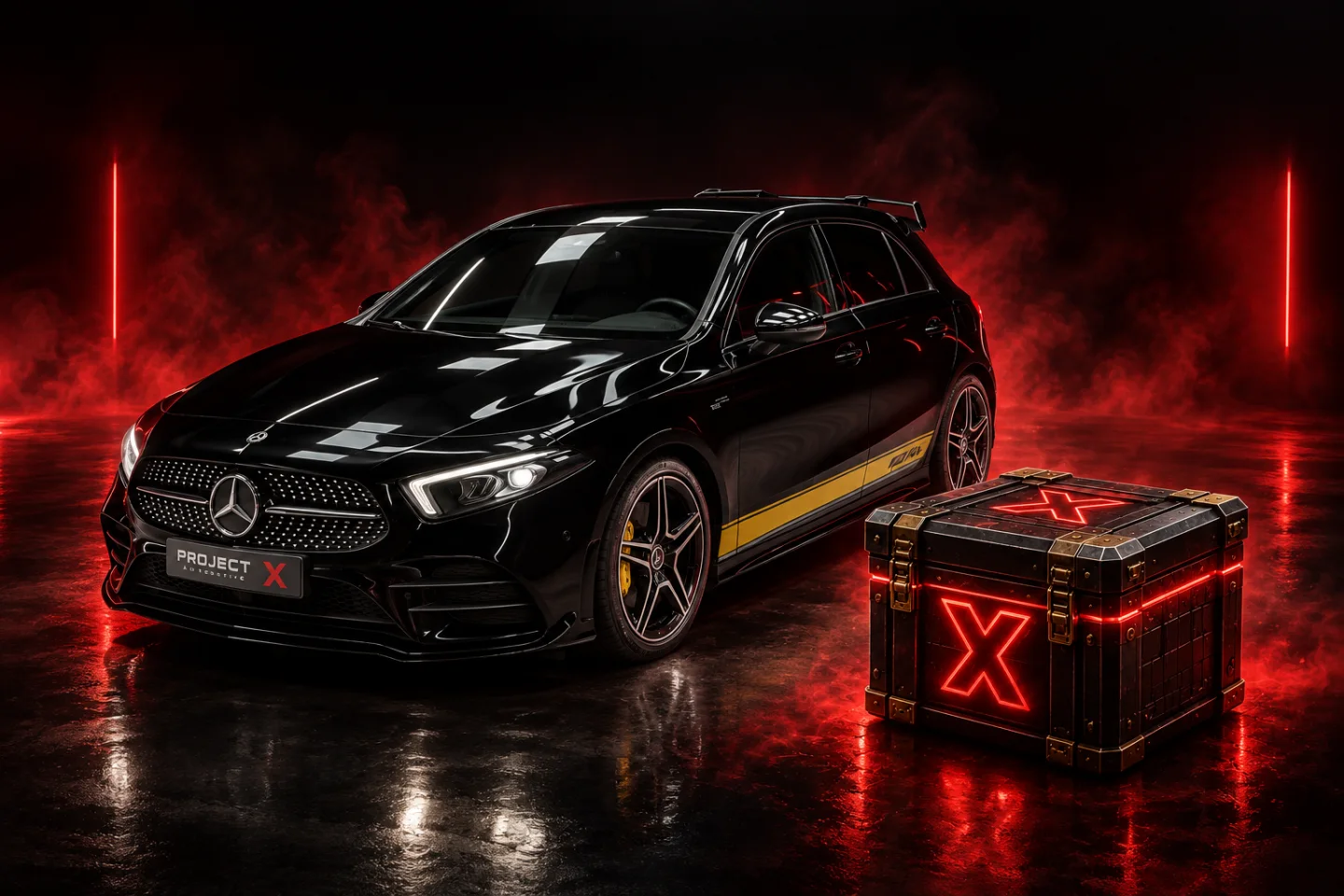 Black 2020 Mercedes A-Class with AMG package beside a ProjectX Mystery Box with a glowing red X